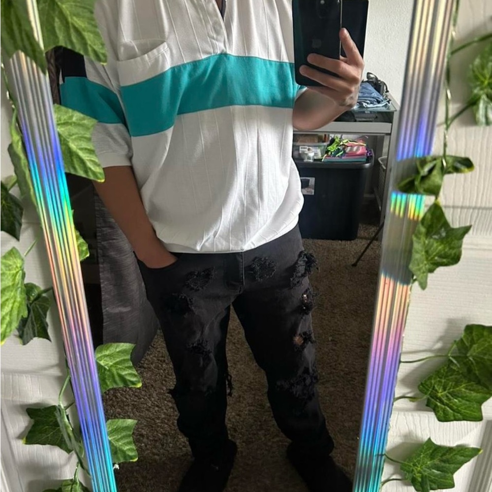 white + blue striped vintage polo shirt with a relaxed fit
